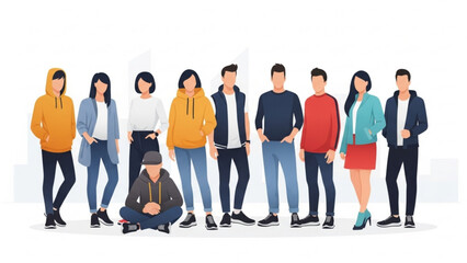 Obraz premium Diverse group of young adults standing and sitting together against a white backdrop, showcasing casual fashion and youthful energy in a modern style.