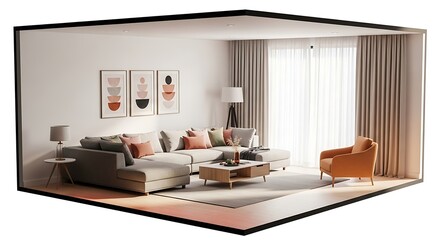 3d illustration of modern living room with sectional sofa, armchair, coffee table, and artwork