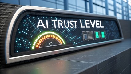 Futuristic digital meter displays ai trust level with gauge and indicators