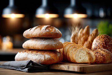 Freshly Baked Bread Loaves and Rolls on Wooden Table