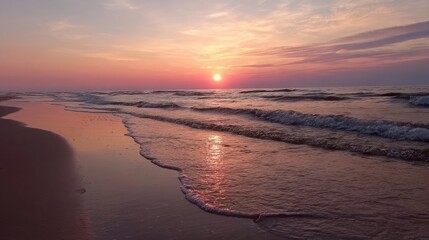 calm asmr seaside evening, gentle sunset light, waves softly touching shore, warm glow, peaceful atmosphere