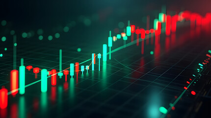 3D futuristic glowing candlestick chart with green rising candles and red falling ones on a dark holographic grid, cinematic lighting and depth. AI Generated.