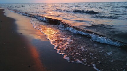 calm asmr seaside evening, gentle sunset light, waves softly touching shore, warm glow, peaceful atmosphere