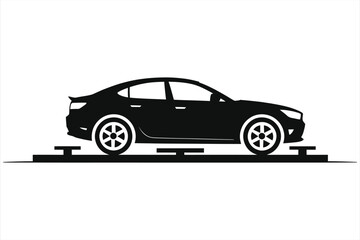 Modern Car on Tire Alignment Platform Side View – Vector Illustration for Wheel Alignment, Suspension Adjustment, Auto Repair Service, Vehicle Maintenance, and Automotive Garage Equipment Setup