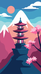 Fototapeta premium Pagoda with cherry blossoms and mountain background