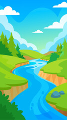 Obraz premium Cartoon landscape with river and green hills view