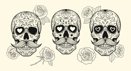 Obraz premium Day of the dead skulls with ornate patterns and roses.