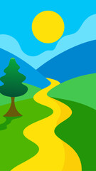 Fototapeta premium Landscape with sun path tree and rolling mountains