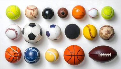 Collection of various sports balls on white background