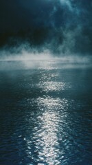 Fototapeta premium cinematic moonlight reflecting on tranquil lake, soft mist hovering over water, shimmering reflections, ethereal textures, opulent depth, serene