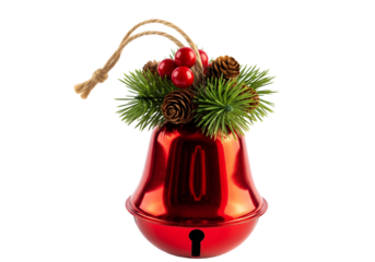 Isolated decorative red bell ornament with pine boughs and berries, Christmas decor object