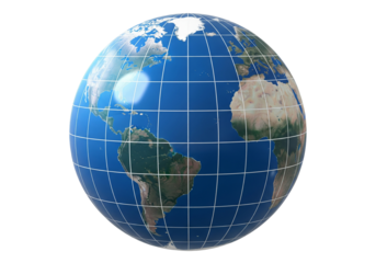 Isolated Globe of Earth showing the Americas and Africa with latitude and longitude lines