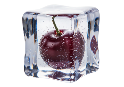 Isolated ripe cherry floating inside a melting ice cube for drink refreshment concept
