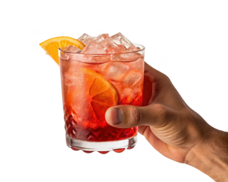 Hand holding a negroni cocktail isolated on transparent background, garnished with orange