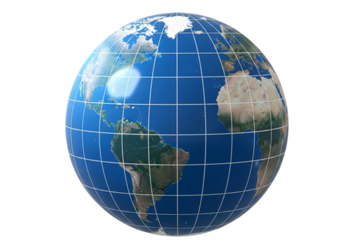 Isolated Globe of Earth showing the Americas and Africa with latitude and longitude lines