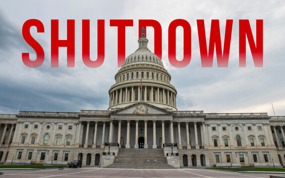 Fototapeta United States of America Shutdown shown with capital hill building and word in the background