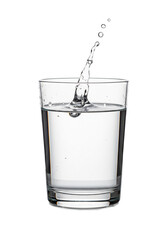 Isolated glass of water with splash effect making a shape with the clear liquid jumping up