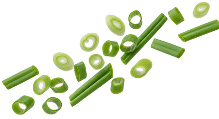 Isolated Green Onion Slices fresh scallions, chopped chives, alliums on a plain surface
