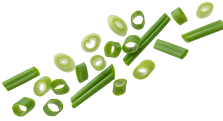 Isolated Green Onion Slices fresh scallions, chopped chives, alliums on a plain surface