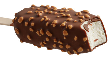 Isolated Chocolate Covered Ice Cream Bar with Peanuts and Bite Taken Out of Corner Dessert