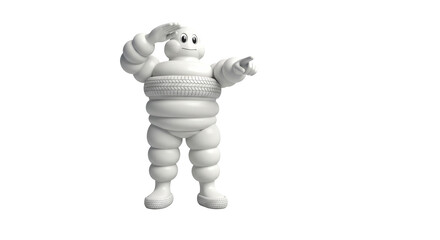 Isolated Michelin Man mascot stands pointing forward giving salute, a tire around the waist