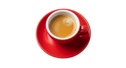 Isolated red espresso coffee cup and saucer, morning beverage, warm drink, refreshment