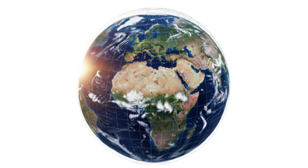 Isolated Earth globe showing Europe and Africa with sunrise, illuminated by the sun