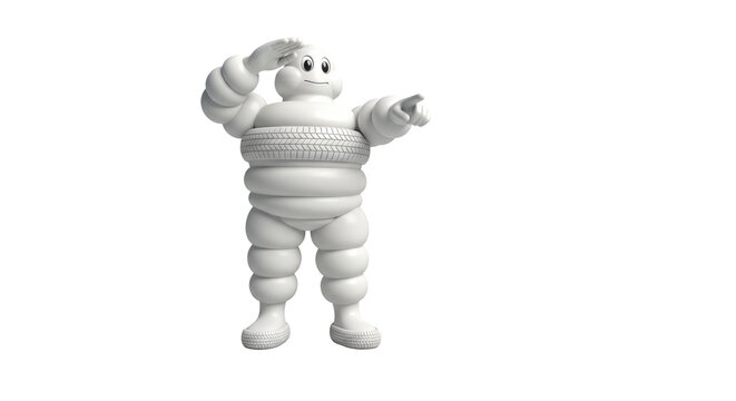 Isolated Michelin Man mascot stands pointing forward giving salute, a tire around the waist