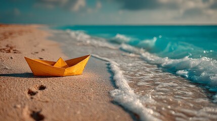 Single yellow paper boat rests on the golden sand of a beautiful beach, with the turquoise ocean softly blurred in the background.