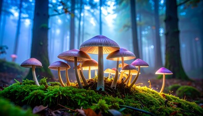 Magical Glowing Mushrooms in Forest Moss