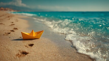 Single yellow paper boat rests on the golden sand of a beautiful beach, with the turquoise ocean softly blurred in the background.
