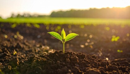 Young Plant Sprouting in Fertile Soil at Sunrise.