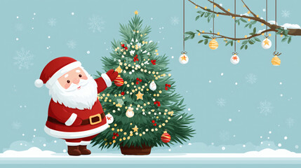 Obraz premium Santa Claus hanging gifts on the Christmas tree