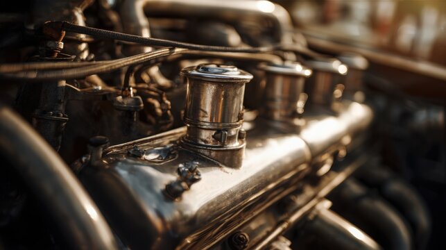 Fototapeta classic diesel engine in vintage car, polished metal, warm sunlight, realistic reflections, retro automotive garage, detailed textures