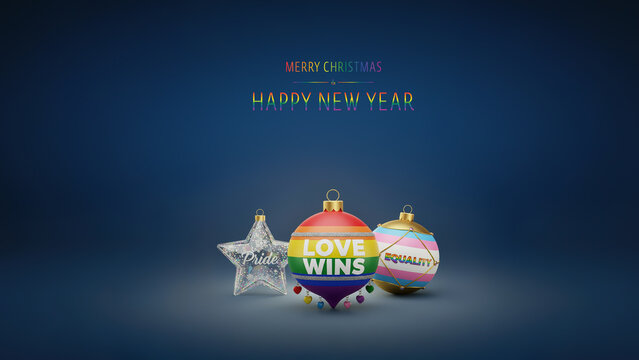 Festive Christmas and New Year greeting with vibrant rainbow ornaments symbolizing LGBTQ pride, joy, unity, and inclusive holiday celebration.