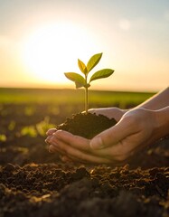 Hands Holding Young Plant Growing in Soil at Sunrise.