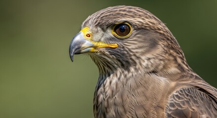 Fototapeta premium Close-up profile portrait of a bird of prey, showcasing sharp beak and eye detail.