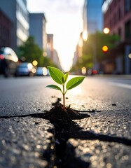 Urban Resilience: Plant Growing Through City Pavement.