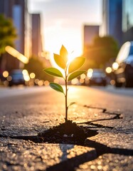 Urban Resilience: Plant Growing Through City Pavement.