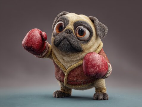 Fighting Pug. Little 3D Character Dog in Brave Boxing Match