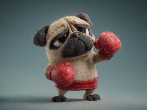 Fighting Pug. Little Brave Pug Character in 3D Rendering Boxing Match