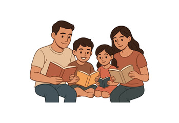 family reading books family life flat vector illustration style isolated on white background