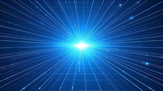 Blue beams converging to a bright center, simulating lightspeed or data transfer