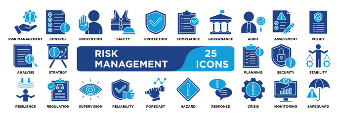 RISK MANAGEMENT icon collection set. Containing risk, management, control, mitigation, prevention, safety icon. solid vector.	