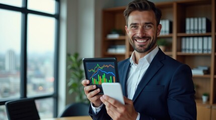 Empresario sosteniendo una tableta digital, mostrando un gráfico de crecimiento de ventas, fondo de oficina moderno, enfatizando la estrategia, el éxito corporativo y el desempeño financiero