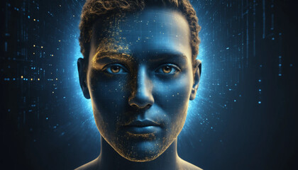 Visage humain se dissolvant dans un nuage de données lumineuses, symbole de fusion entre humanité et intelligence artificielle