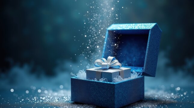 Caja de regalo abierta con interior azul brillante, brillantina plateada flotando, simbolizando magia, asombro, sorpresa y un momento de celebraci&oacute;n alegre