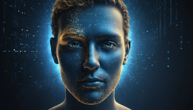 Visage humain se dissolvant dans un nuage de donn&eacute;es lumineuses, symbole de fusion entre humanit&eacute; et intelligence artificielle