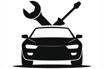 Black and white minimalist vector icon of a car front view with spanner and screwdriver tools, symbolizing automotive repair, maintenance, or service.