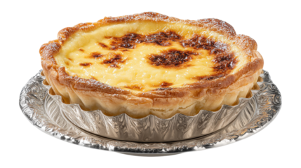 a golden baked pastry with flaky crust, filled with a creamy and sweet custard, served on a decorative silver platter isolated on a white background